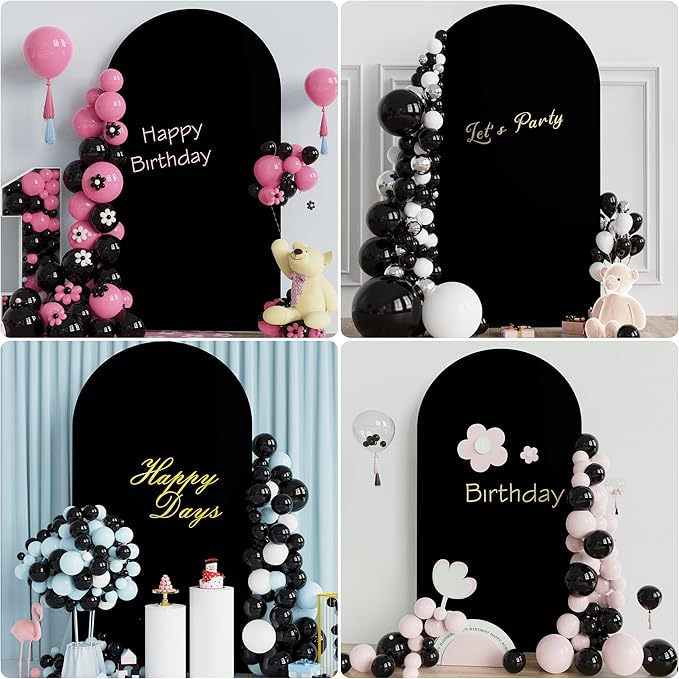 Putros 7.2ft Metal Arch Stand with Cover Black Spandex Fitted Wedding Arch Cover and Round Top Chiara Backdrop Stand Set for Birthday Party Baby Shower Decoration