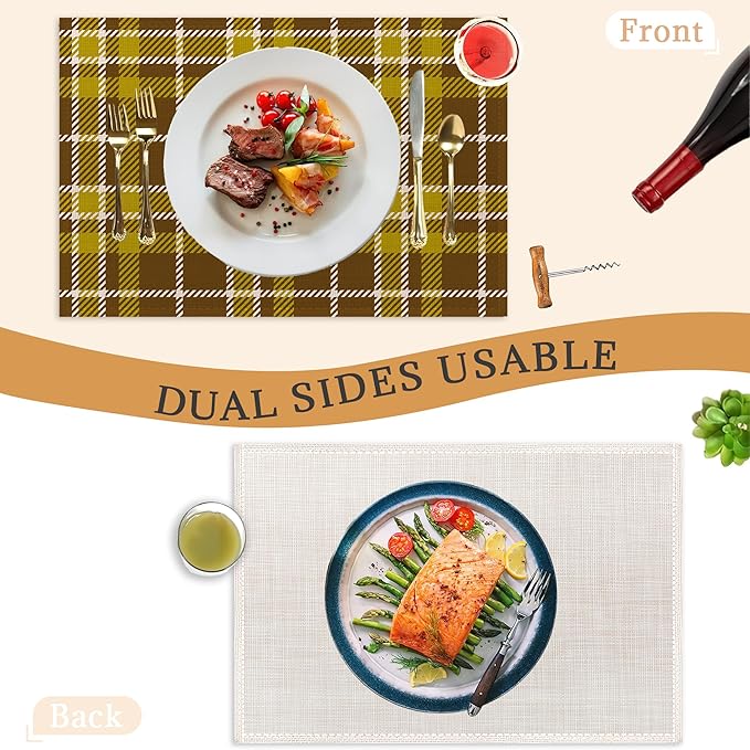Fall Plaid Placemats Set of 6,Washable Heat Resistant 12×18 Inch Linen Table Mats, Place Mats for Thanksgiving, Christmas, Autumn Dining Decor