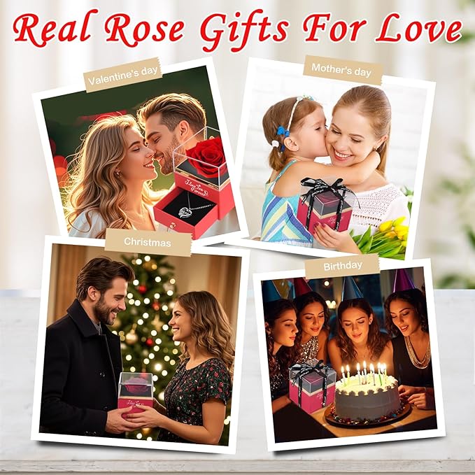 Preserved Roses Flowers Gifts for Mom: Red Real Rose with Necklace for Women Wife Grandma Daughter Sister