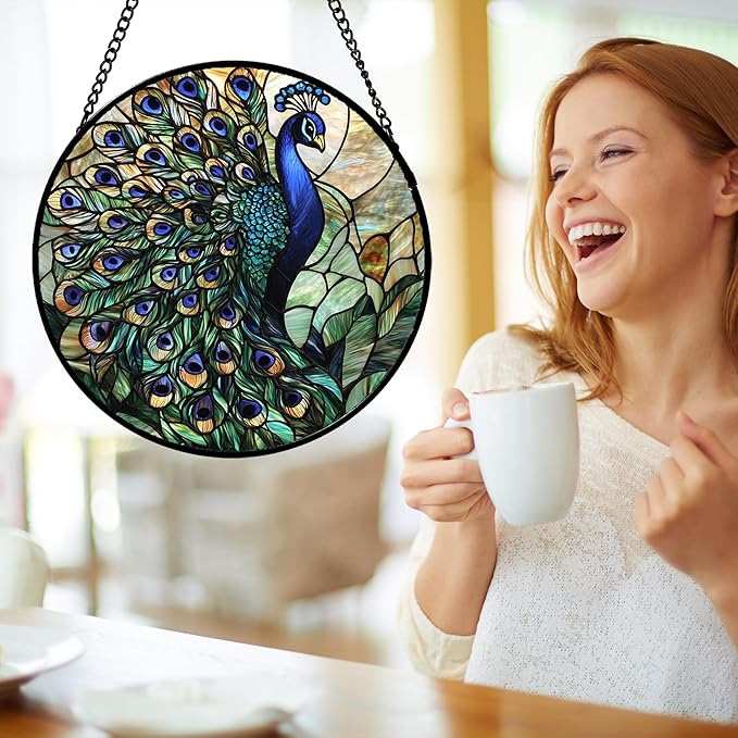 Stained Glass Window Hanging, Blue Green Peacock Decor Suncatcher for Door Garden Home Decoration Bird Sun Catchers Christmas Mother's Day Birthday Gifts for Women Men Mom Nana Friend 11.8 in