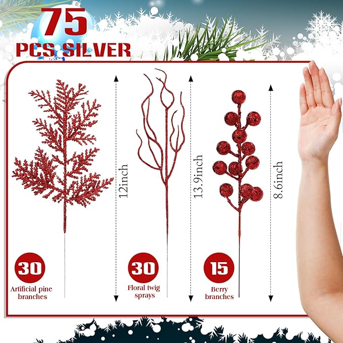 75 Pcs Christmas Glitter Branches 3 Styles Artificial Christmas Picks Berries Stems Pine Needles Floral Twig Spray for Xmas Tree Ornaments DIY Wreath Garland(Red)