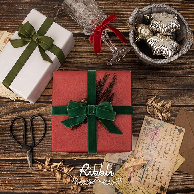 Ribbli Polyester Forest Green Velvet Ribbon,1 Inches,10-Yard Spool,Use for Choker,Gift Wrapping,Floral Bouquets, Boutonnieres