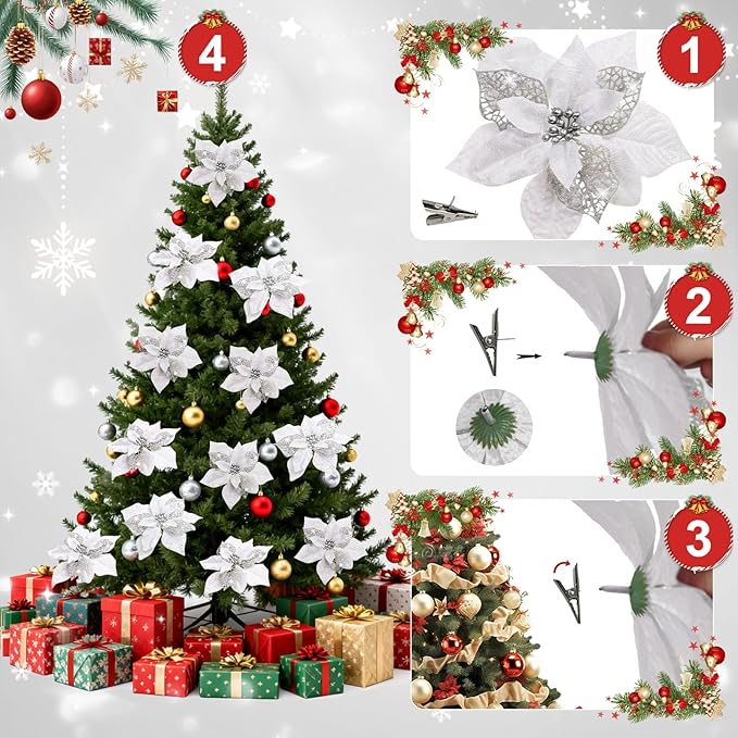 24 Pcs Christmas Poinsettia Flowers Artificial with Clips, 5.9" Christmas Decor Glitter Poinsettia Flowers for Christmas Tree New Year Wedding Party Wreath DIY Garland Decor (Sliver)