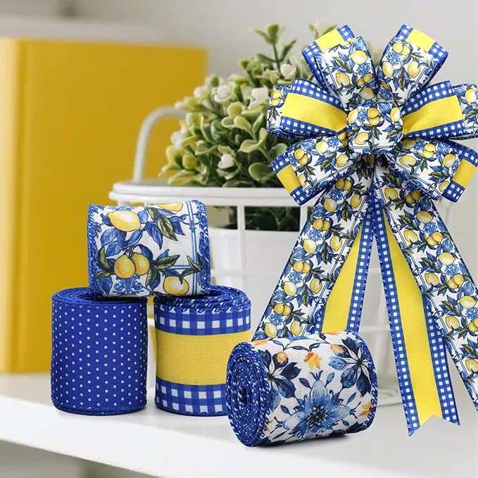 4 Rolls Lemon Wired Edge Ribbon - 2.5 Inch Wide, 20 Yards Total, Summer Yellow Lemon Print Wired Edge Set, Fashionable Grosgrain Craft Ribbon for Gift Wrapping, Hair Bundles, Party Decorations