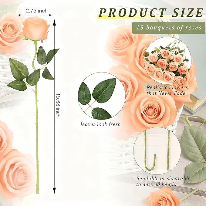 Tangerine Pink Roses Artificial Flowers 15 PCS, Fake Roses Silk Flowers with Long Stems, Faux Rose for Wedding Centerpieces, Home Decor, Party Decor, DIY Bouquet (Tangerine Pink)