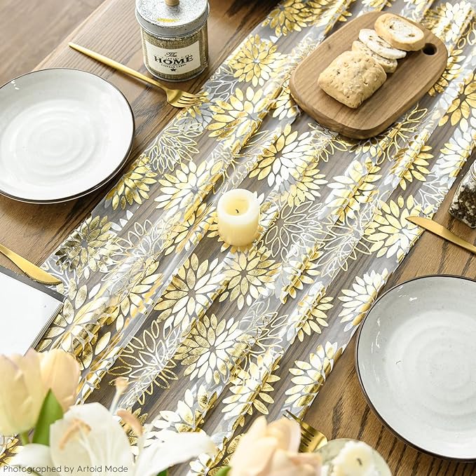 Artoid Mode 3PCS Beige Gold Dahlia Flower Gauze Table Runner 120 Inch 10FT, Glitter Metallic Foil Seasonal Sheer Dining Holiday Table Decor for Home Party