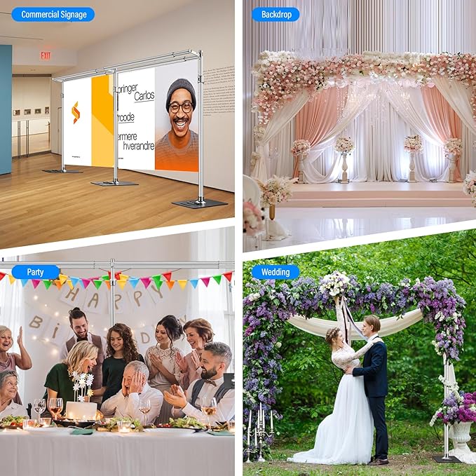 soonpho 10x20ft Heavy Duty Backdrop Stand Kit Double Crossbar Pipe and Drape Stand Kit Metal Frame with Flat Base for Wedding, Birthday Party Event, Banquet Decorations and Trade Shows
