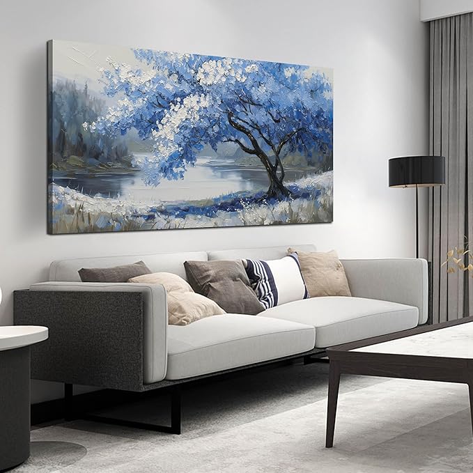 JuhaiArt Scenery Picture Wall Decorations Large Tree Wall Art Blue Canvas Wall Art for Living Room Bedroom Office White Poster 29"x 59"