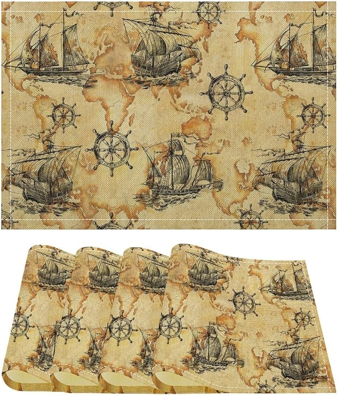 Nautical Themed Placemats Beach Vintage Map Boat Art Printed Dining Table Mats Set of 4 for Restaurant Home Kitchen Holiday Picnic Party Decor 12x18in