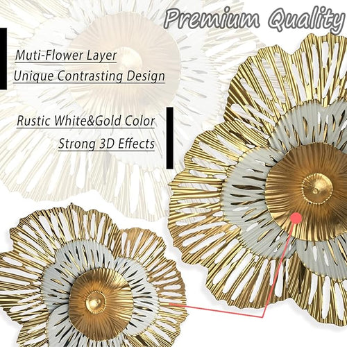 10" Metal Flower Wall Art Decor, Rustic Modern Floral Sculpture, Distressed Iron Wall Hanging Home Decoration Accent Artworks for Indoor Kitchen Bedroom Living Office Outdoor Garden Patio (36B-Gold)