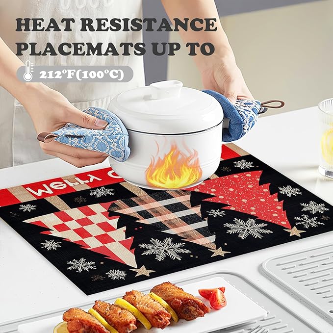 Merry Christmas Placemats Set of 4 Christmas Tree Snowflake Place Mats Washable Table Dinner Mats Linen Table Mats for Kitchen Dining Party Home Kitchen Decor 12x18 Inch
