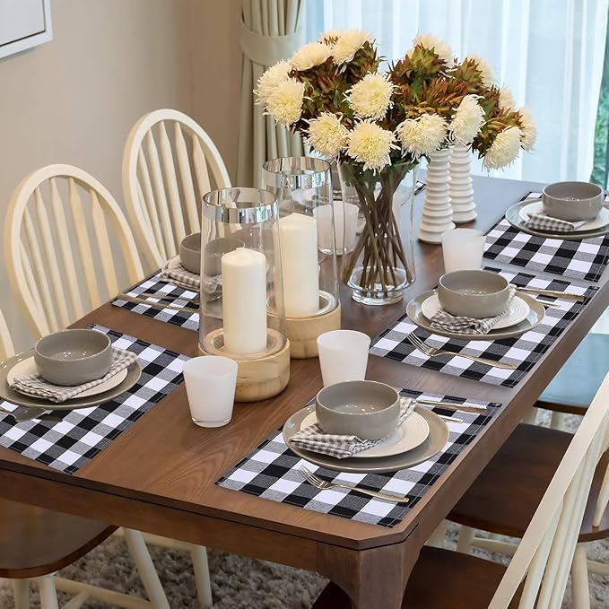 Aneco 6 Pack Buffalo Plaid Placemats Place Mats PVC Plastic Check Black and White Placemat Table Mats 12 x 18 Inches Decorative Kitchen Table Placemats, Black and White