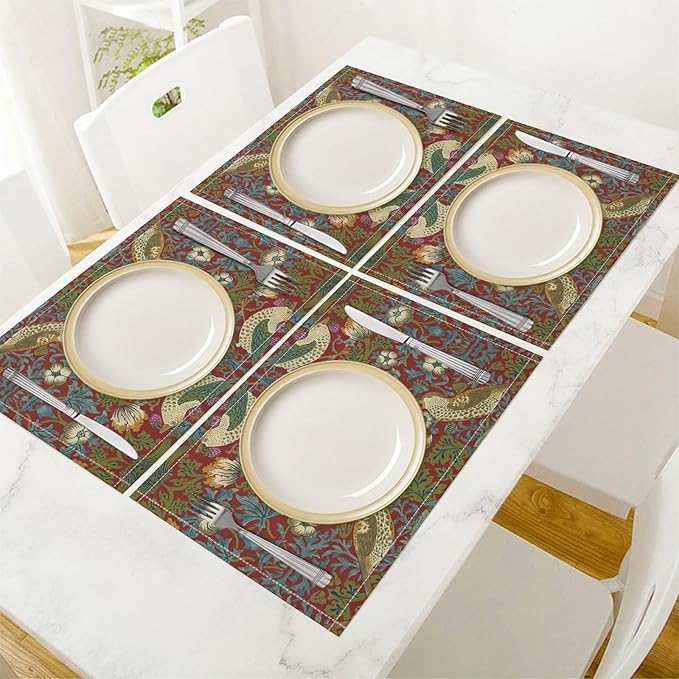 William Morris Floral Placemats Set of 4, Vintage Flower Strawberry Birds Red Place Mats, Heat Resistant Non Slip Cotton Linen Dining Table Mats for Home Kitchen Party 18x12 Inch