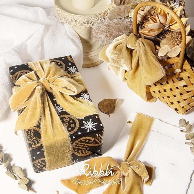 Ribbli Champagne Gold Velvet Ribbon 2 Inch Handmade Frayed Vintage Christmas Ribbon for Gift Wrapping Christmas Tree Ornament Wreath Craft Home Decor -3 Yards