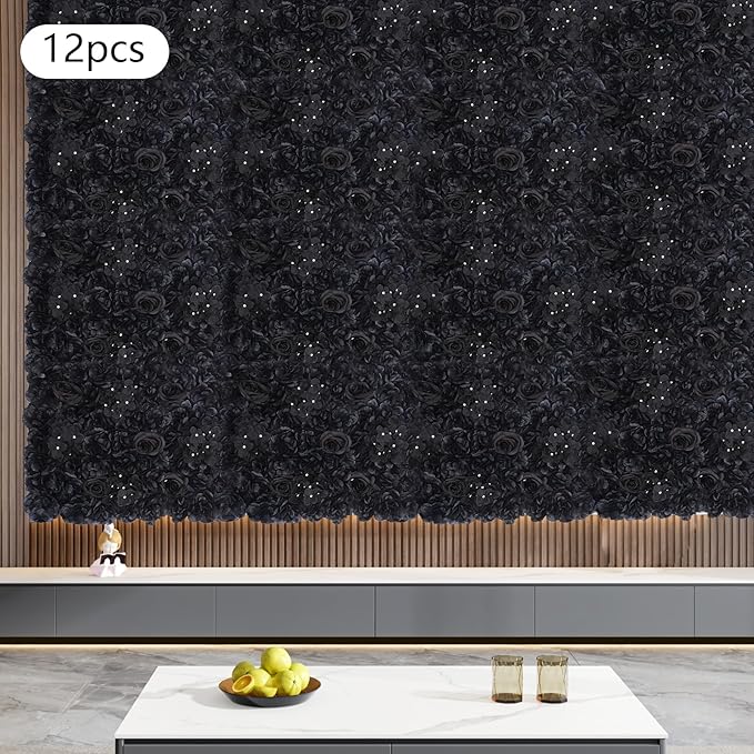 Flower Wall Panel Set,Black Artificial Wall Flower Backdrop,12 Pcs 23.62" X 15.75" 3D Silk Hydrangea Rose Floral Panel,Faux Roses Artificial Flower Backdrop for Wall Decor
