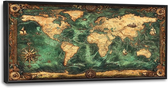 Vintage World Map Large Wall Art Nautical Framed Wall Decor for Living Room, Map Pictures Oversized Canvas Print Painting Modern Extra Large Framed Artwork for Bedroom Office Home Decor 60"x30"
