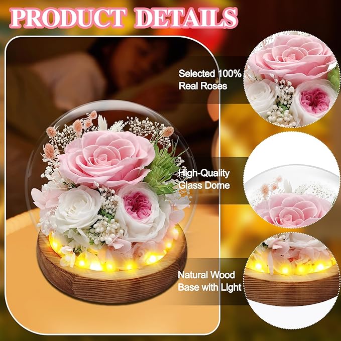 Preserved Rose Forever Flowers in Glass Dome Gifts for Women, Long-Lasting Real Flowers，Red Eternal Rose Birthday Gifts for Mom Valentines Day Anniversary for Wife Girlfriend