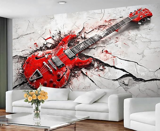 Red Electric Guitar Wall Mural, Grunge Style Guitar 3D Wall Murals, Rock Music 3D Explosion Wallpaper Mural, for Living Room Bedroom Large Wallpaper Indoor Decor 98.4" W x68.9 H