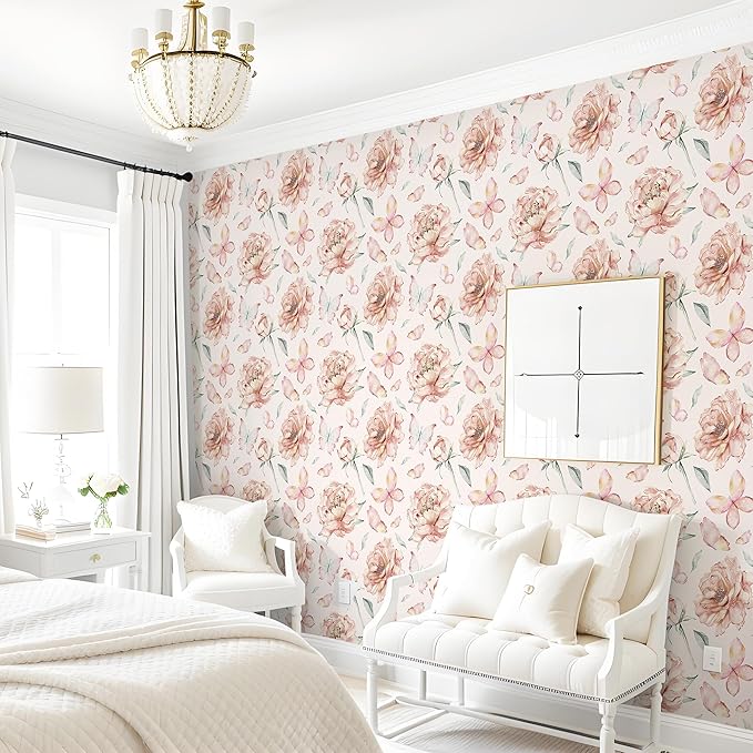 Safiyya Peel and Stick Wallpaper Floral Pink Wallpaper Pink Peony Contact Paper Removable Self Adhesive Wall Paper for Bedroom Bathroom 197''×17.3"