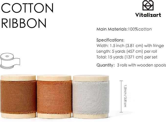 Vitalizart Fall Ribbon 1-1/2" x 15 Yd 100% Cotton Handmade Frayed Fringe Fabric Ribbons for Gift Wrapping Wedding Invites Bridal Shower Bouquets Christmas Decorations