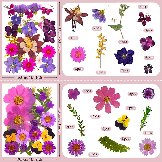 95 Pcs Purple Pressed Dried Flowers for Resin, Real Natural Bulk Dry Wildflowers Leaves Perfect for Epoxy Molds, DIY Crafts, Home Decor, Soap Candles Jewelry Making