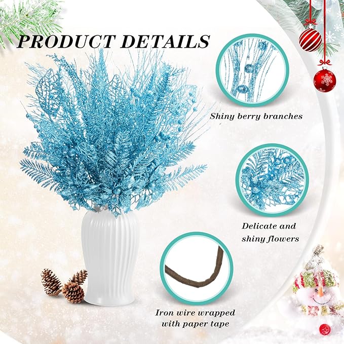 30 Pcs Artificial Christmas Tree Picks and Sprays Glitter Berry Stem Branches Holly Floral Picks Twigs Christmas Tree Ornaments for DIY Xmas Wreath Vase Filler Decorations(Lake Blue)