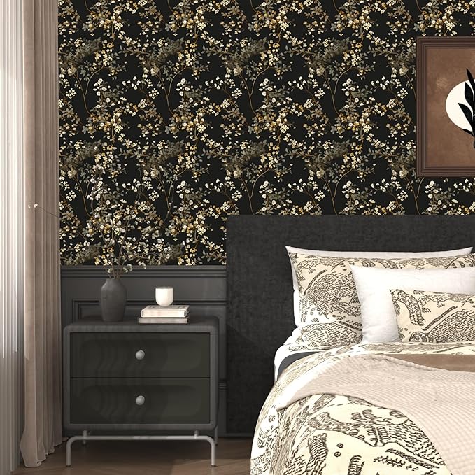 Black Floral Wallpaper Classic Leaves Wall Paper 17.4" x 118" Dark Moody Contact Paper Vintage Chinoiserie Watercolor Self Adhesive Covering for Bedroom Bathroom Cabinet Home Decor Beige Gold
