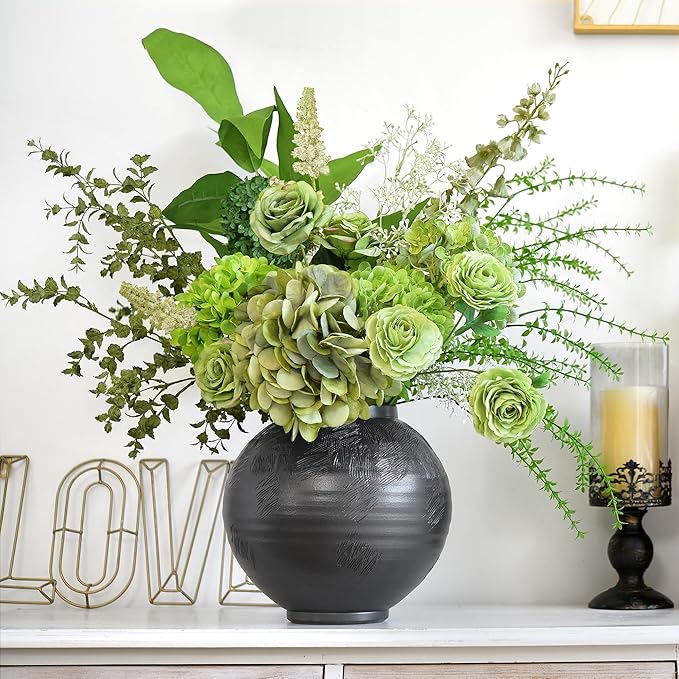 FiveSeasonStuff Elegant Green Artificial Bouquet – Hydrangea, Roses, Camellia, Baby's Breath & More for Home Décor, Weddings, Centerpieces, and Events