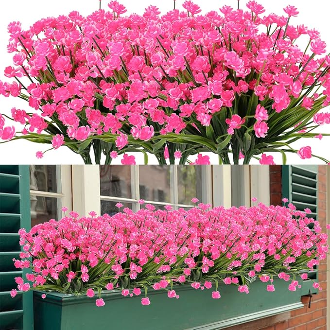 24 Bundles Artificial Flowers, Fake Artificial Greenery UV Resistant No Fade Faux Plastic Plants for Wedding Bridle Bouquet Indoor Outdoor Home Garden Kitchen Office Table Vase (Pink)