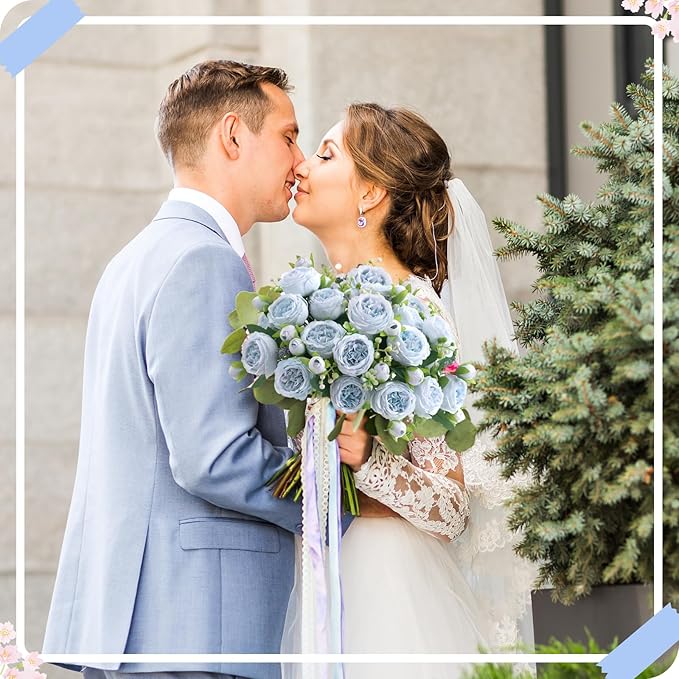 ASTRYAS 12Pcs Blue Artificial Flowers, Fake Peonies Silk Peony Faux Flowers for Decoration DIY Bridal Bouquet Centerpiece Table Wedding Party Home Decor Floral Arrangement(Blue)
