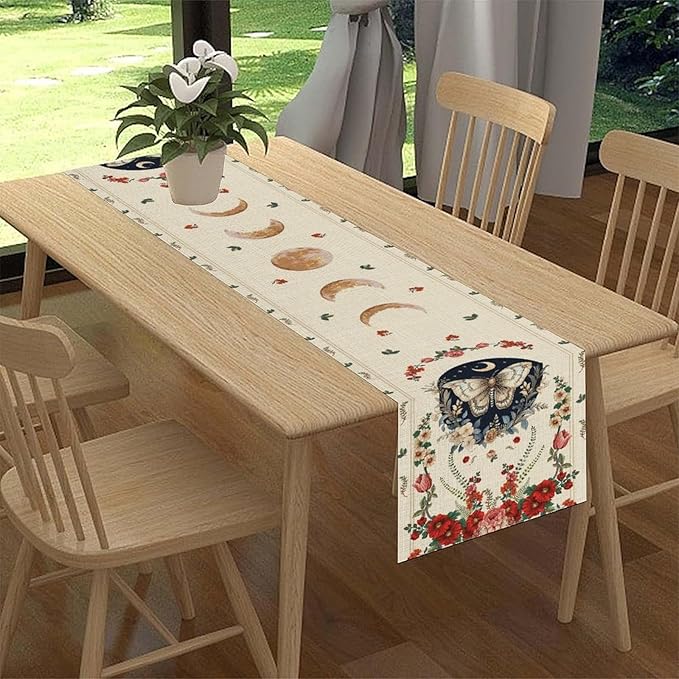 Gothic Moth Table Runner, Boho Floral Gothic Sun Moon Phase Mystical Witchy Starlight Coffee Table Center Decor for Home Kitchen Dining Patio Holiday Party Table Decorations 13x108 inches