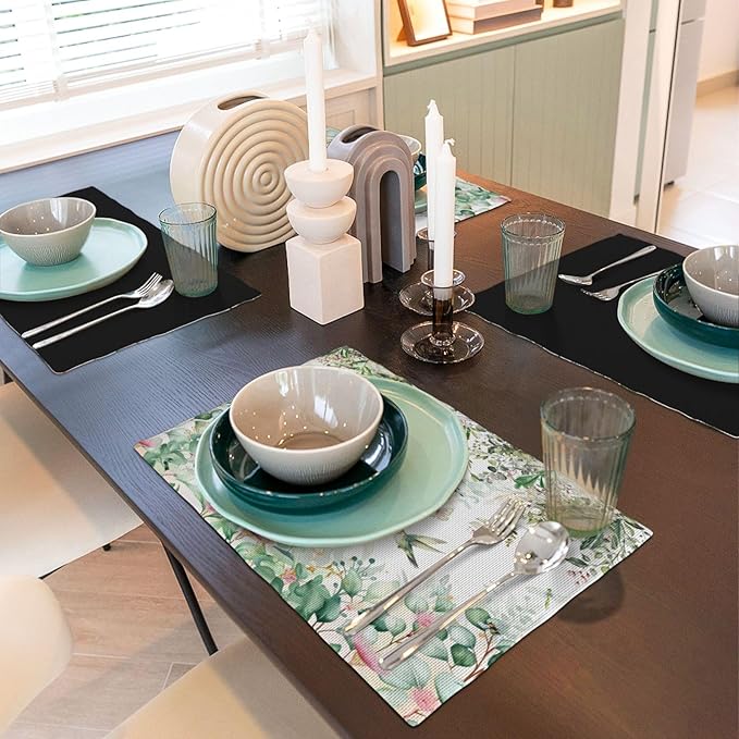 Natural Bird Placemats, Green Spring Watercolour Botanical Flower Butterfly Hummingbird Fly Print Washable Fabric Placemats Table Kitchen Dining Party 12x18 Inch Set of 4