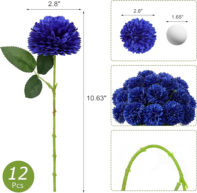SITUMEIZI 12 Pcs Blue Artificial Chrysanthemums Flowers Ball Flower Fake Mums Silk for Wedding Home Kitchen Decoration Floral Arrangement