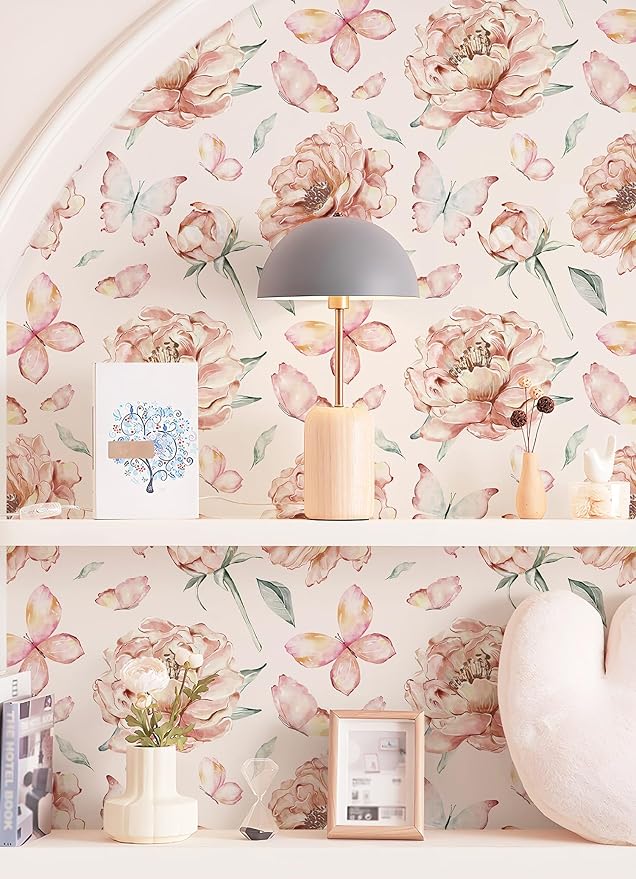 Safiyya Peel and Stick Wallpaper Floral Pink Wallpaper Pink Peony Contact Paper Removable Self Adhesive Wall Paper for Bedroom Bathroom 197''×17.3"