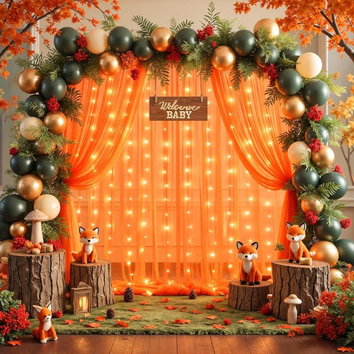 10ft x 10ft Orange Tulle Photo Backdrop Curtain with Lights String for Halloween Party Orange Sheer Curtain Backdrop Drapes for Birthday Party Wedding Photo Booth Background Home Room Decorations