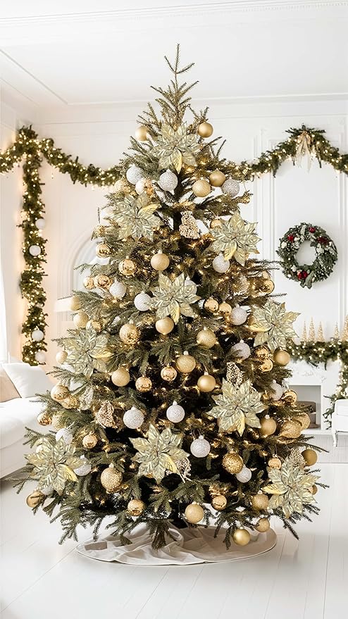 3 Pcs Artificial Christmas Flowers 11 Inch Glitter Poinsettia Picks Christmas Tree Ornaments Topper Decorations Champagne Poinsettias Flowers for Xmas New Year Wreath Garland Wedding Party Decor