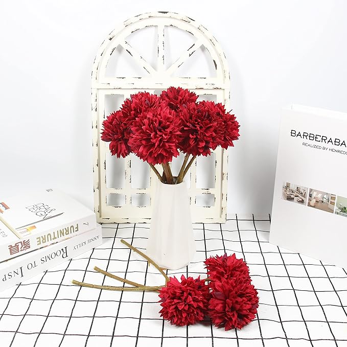 Tinsow 12Pcs Artificial Chrysanthemum Faux Red Ball Flowers Burgundy Fall Flowers for Christmas Autumn Farmhouse Home Decoration (12, Red)