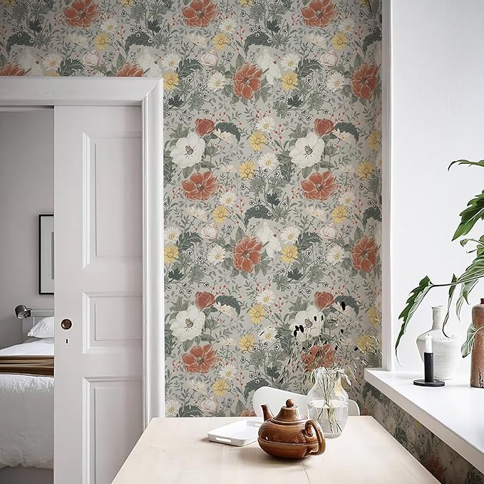 Simon&Siff Vintage Wallpaper Peel and Stick Modern Floral Wall Paper Farmhouse Botanical Contact Paper Removable Renter Friendly Wallpaper for Cabinets Countertop Wall 17.3" x 118"
