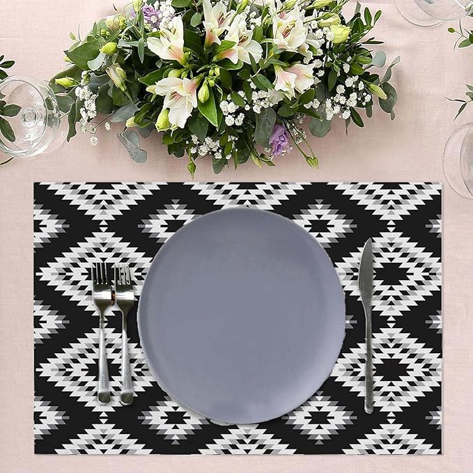 White Gray Black Placemats Set of 4 Turkish Mosaic Oriental Dining Place Mats Linen Table Mat for Farmhouse Home Kitchen Decor 12 X 18 Inch
