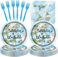 48pcs Adventure World Awaits Map Party Decoration Set,16 Dessert plate,16 Napkin And 16 Fork,16 persons Disposable tableware,Used The Adventure Begin Birthday Party Supplies