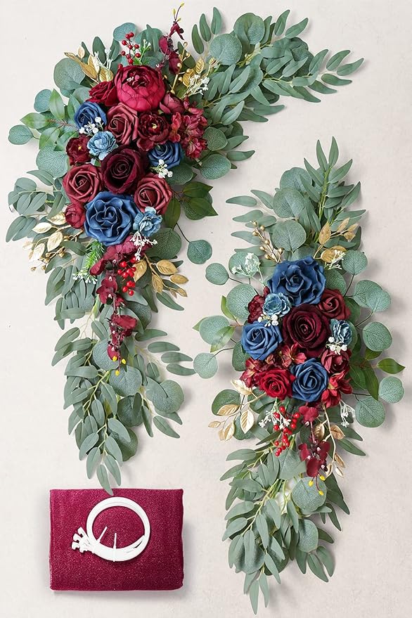ponatia Artificial Wedding Arch Flowers Kit(Pack of 3), Burgundy Flowers with 26Ft Shiny Arch Draping Fabric, Navy Arch Flowers for Wedding Decoration, Wedding Ceremony Reception Backdrop Decorations