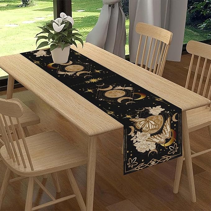 Gothic Moth Table Runner, Boho Floral Gothic Sun Moon Phase Mystical Witchy Starlight Coffee Table Center Decor for Home Kitchen Dining Patio Holiday Party Table Decorations 13x90 inches