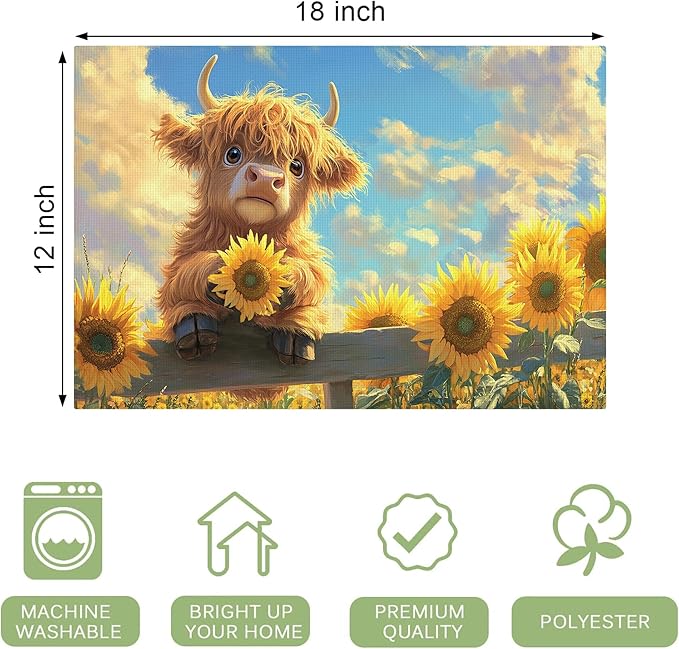 Cute Highland Cow Placemats Set of 4 Washable Table Mats Summer Yellow Sunflower Heat-Resistant Cotton Linen Place Mats for Dining Table Kitchen Indoor Outdoor Party Holiday Decor