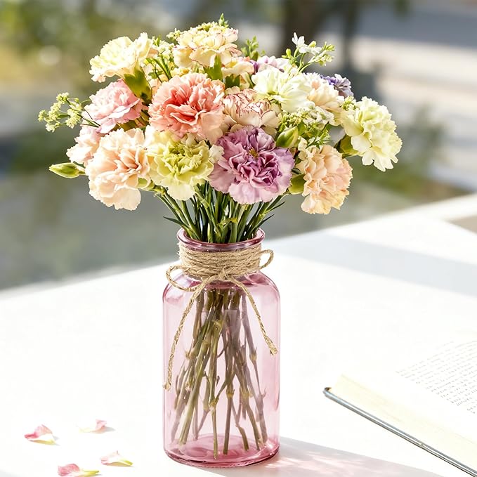 Vintage Glass Flower Vase，3 Pack Farmhouse Pink Glass Centerpiece Vases Mason Jars for Weddings, Parties & Home Decor Bulk (3, Pink)