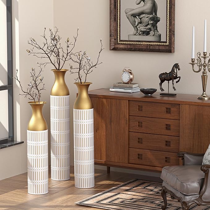 Floor Vases, Tall Home Decor Metal Vase Set of 3 Large Glazed Decorative Vases for Wedding Decor, Elegant Modern Flower Holder for Living Room, Entryway, Hallway, Dining Room