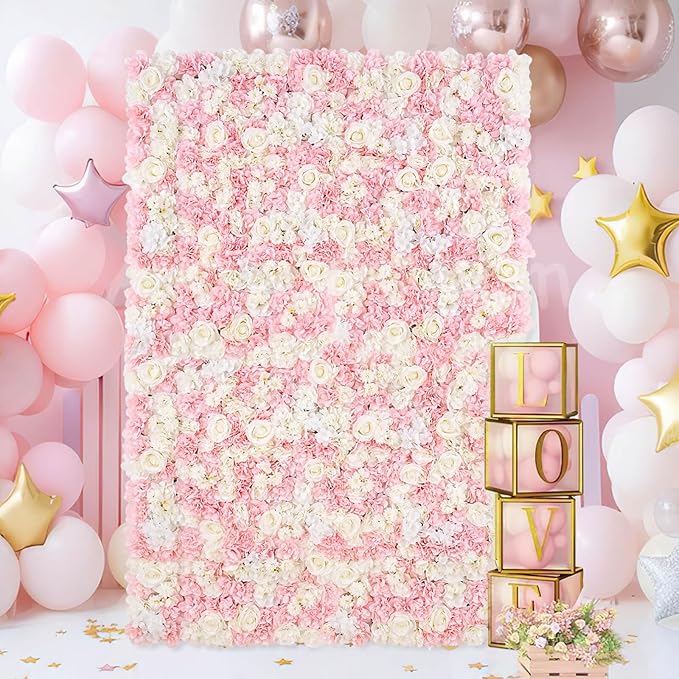Pink Flower Wall Backdrop Wedding: 12 Packs 15x15 Inches 3D Floral Rose Wall Panels - Party Event Background Bridal Shower Decorations