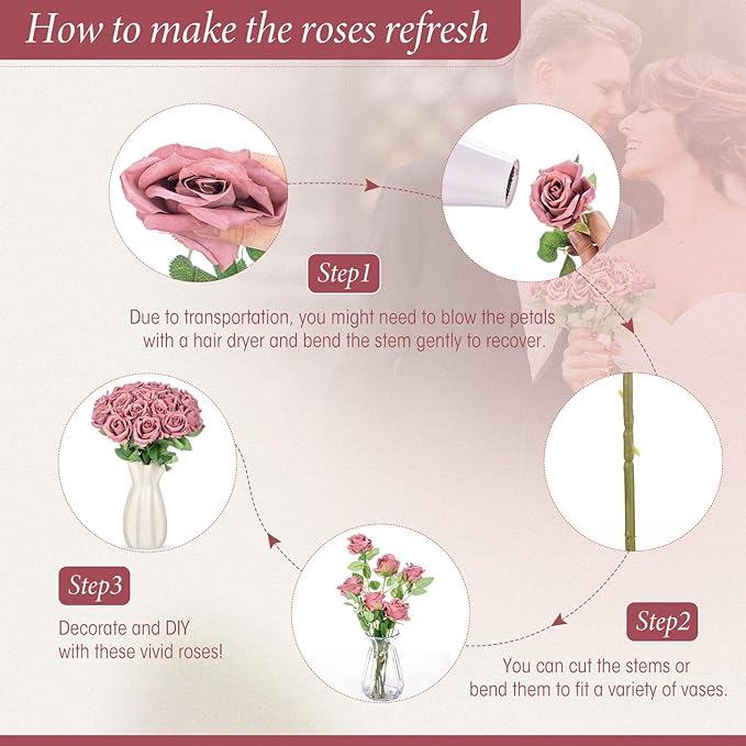 Hotop 40 Pcs Rose Artificial Flowers Bulk with Long Stem,Realistic Silk Fake Roses Bouquet for Home Wedding Centerpieces Party Table Decoration Valentines Gifts(Dusty)