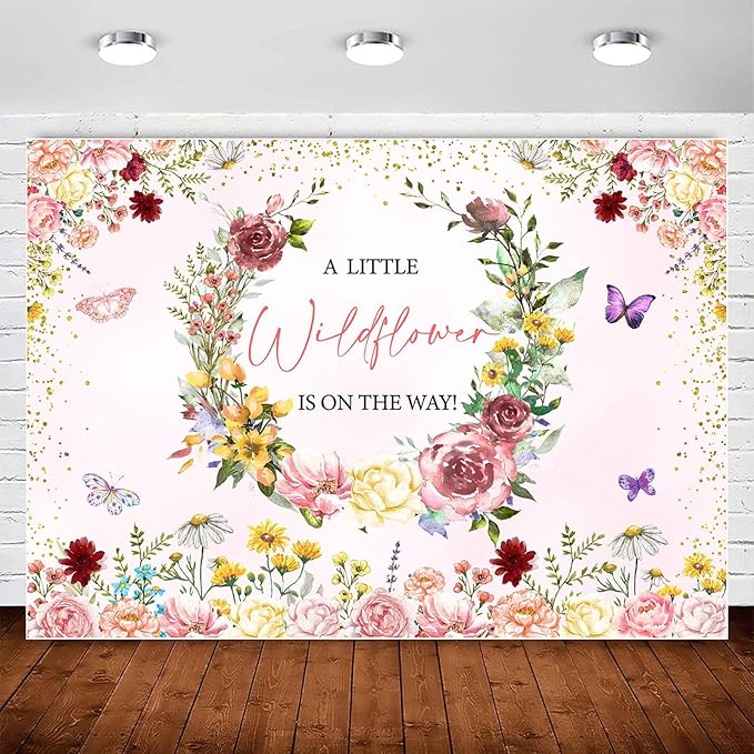 InMemory Wildflower Baby Shower Backdrop Pink Floral Party Decorations for Girl,A Little Wildflower is On The Way Banner Background Wild flower Theme Baby Shower Party Supplies Photoshoot Props 10x7ft