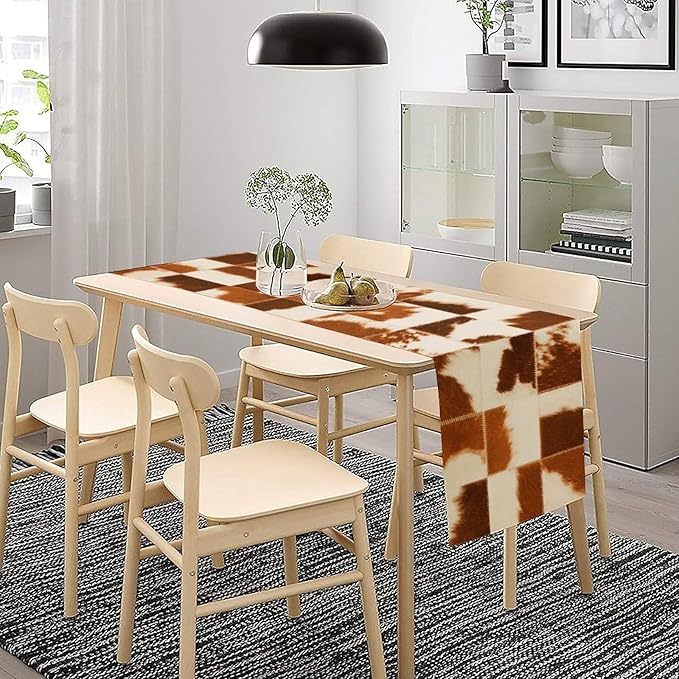 Cow Skin Print Table Runner, Rustic Country Farmhouse Animal Fur Skin Western Farm Brown Cowhide Print Dinner Runner Table Decoration for Party Holiday Home Kitchen Dining 13x108in