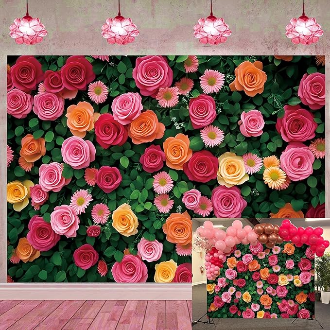 Flowers Backdrop for Photography Colorful Rose Floral Green Leaf Wall Backdrop for Valentine's Day Wedding Bridal Shower Birthday Party Decoration Supplies (94X70 inch (8x6FT))